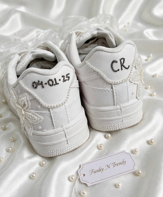 The Pearl - Hand Embroidered White Bridal Sneakers with Pearl Flowers