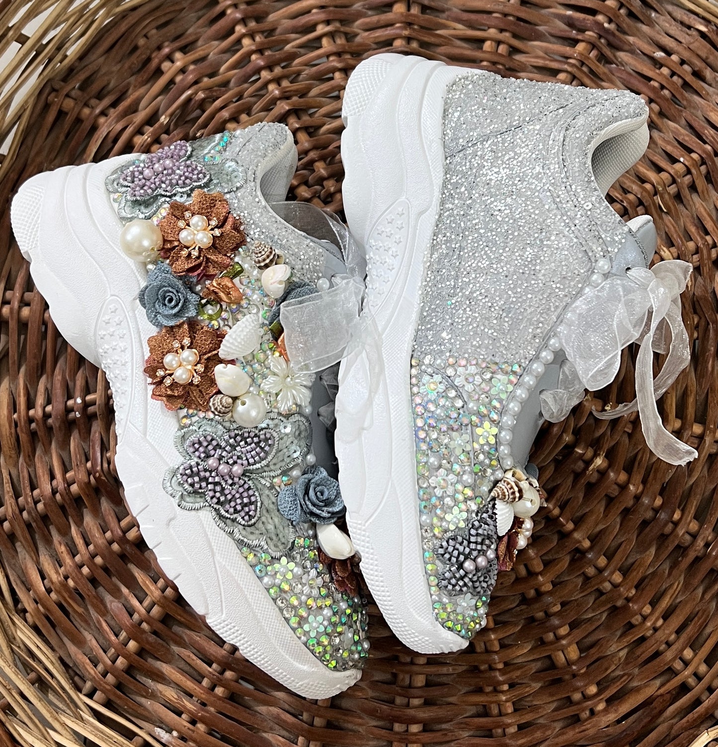 FUNKY N TRENDY hand work bridal sneakers / bridesmaid sneakers/ silver sneakers / gray and brown copper floral sneakers/bride shoes/ embroidered shoes/ butterfly shoes