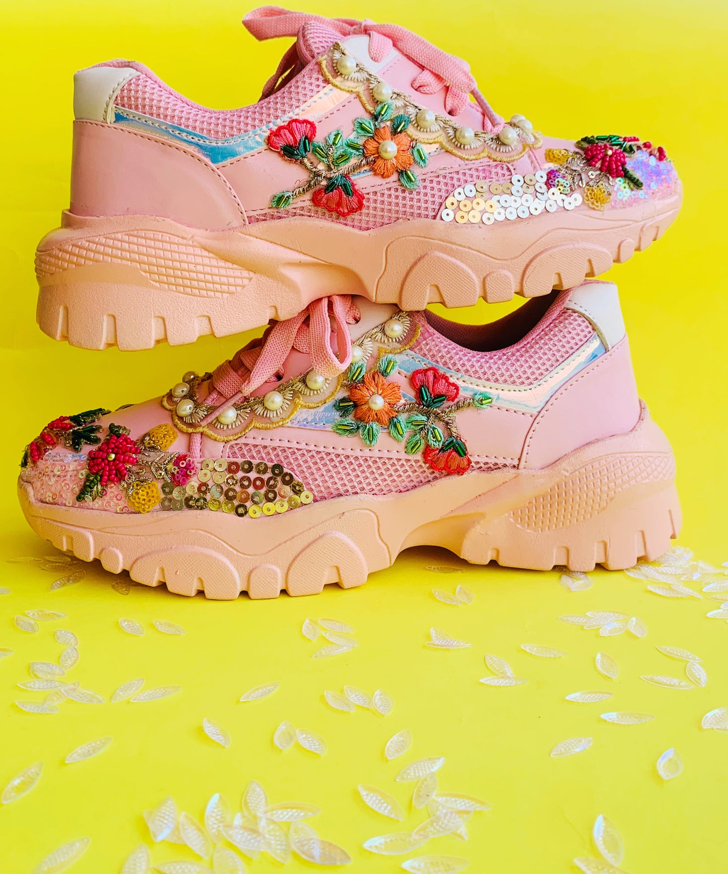 Funky N Trendy Pink sequine and floral work with beads detailing bridal sneakers/ bridesmaid sneaker / pink sneakers/ hot pink sneakers / pink shoes for bride/ rani pink sneakers