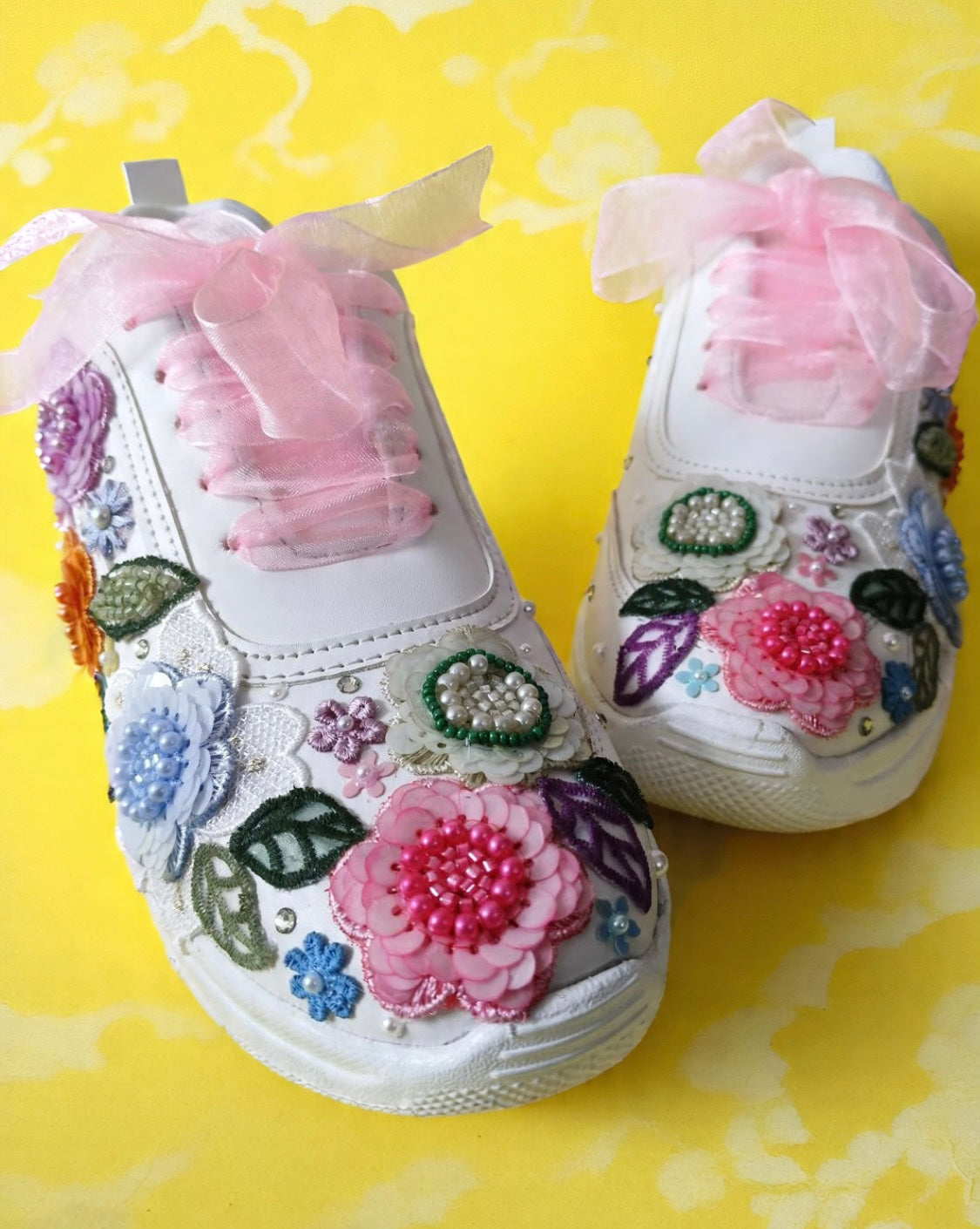 FUNKY N TRENDY “Pastel Garden Handcrafted Sneakers – Floral Magic” with customized wedding date / name initials