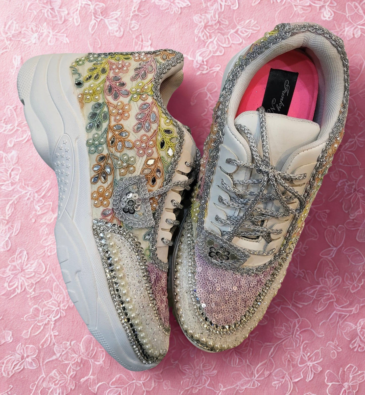 FUNKY N TRENDY hand crafted pastel bridal sneakers / boho sneakers / pastel sneakers / embroidery sneakers / sneakers for bride/ bridal shoes / multi colored shoes / pastel shades / ivory with pastel colors/ embroidery shoes/ purple shoes / levender shoes