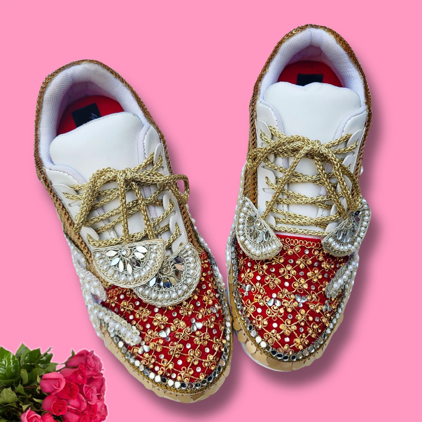 FUNKY N TRENDY red sneakers for brides /bridesmaids / sneakers for bridesmaids/ handcrafted sneakers/ mirror sneakers / bridal sneakers / bridesmaid sneakers/ gold sneakers / red sneakers/ sneakers/red shoes