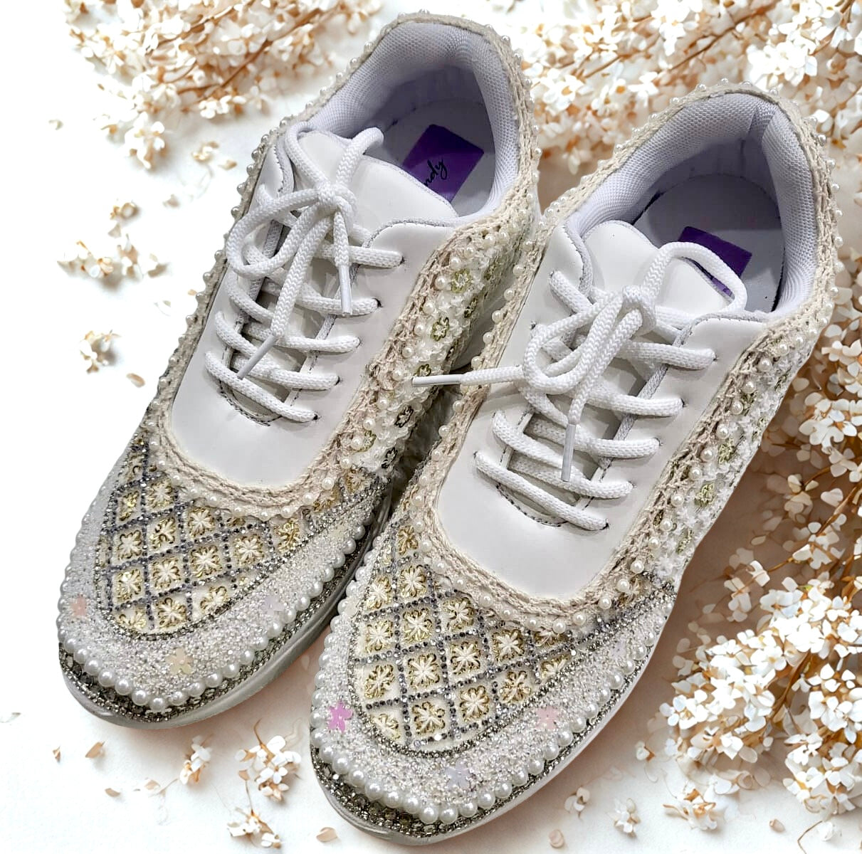 FUNKY N TRENDY Ivory Magic Bridal Sneakers – Custom Bead Detailing with pearls and swaroski