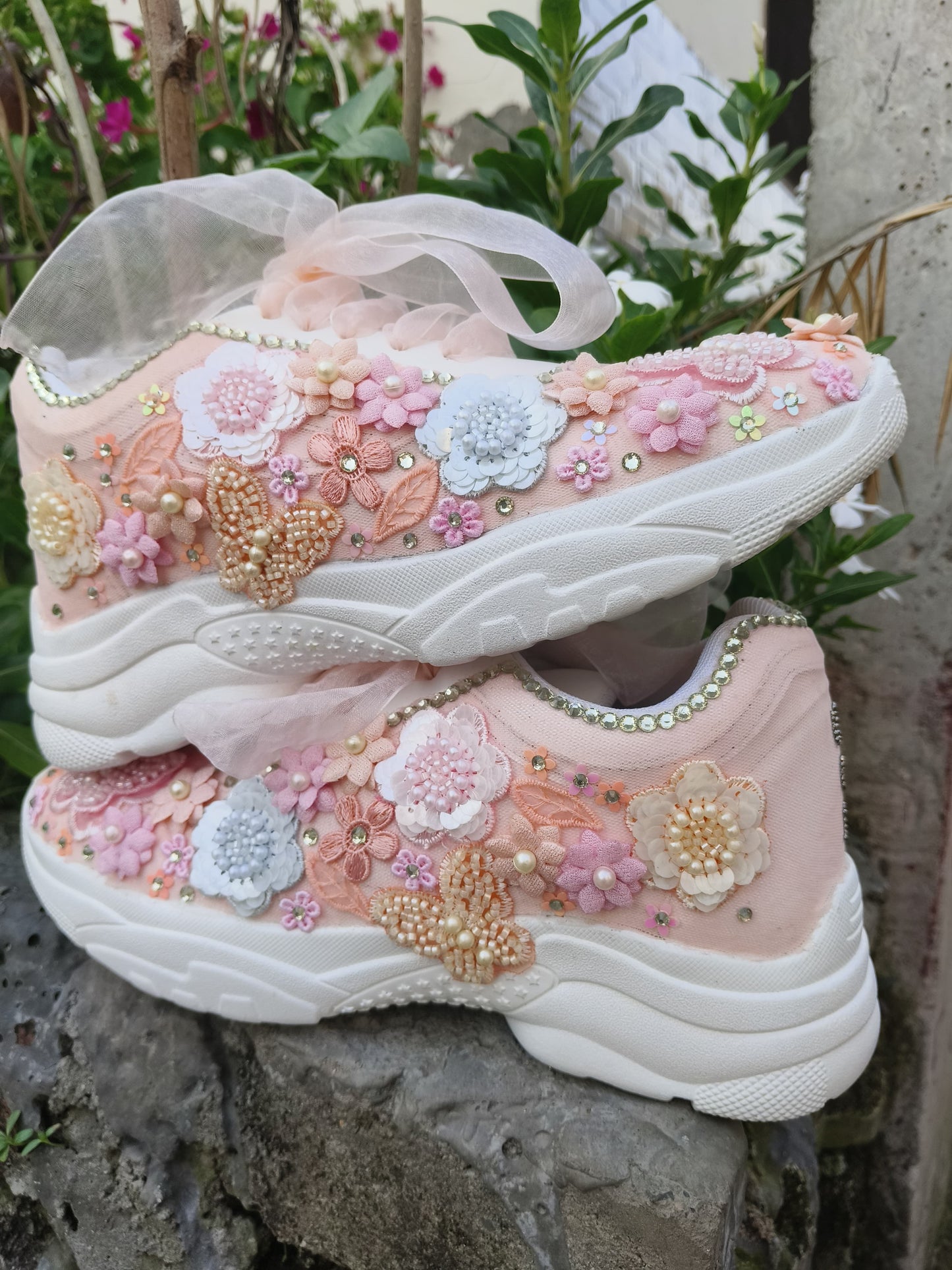 FUNKY N TRENDY peach/white/ blue floral butterfly theme sneakers with pearls detailing for brides / bridesmaids with custom couple name initials/ pink shoes / peach shoes
