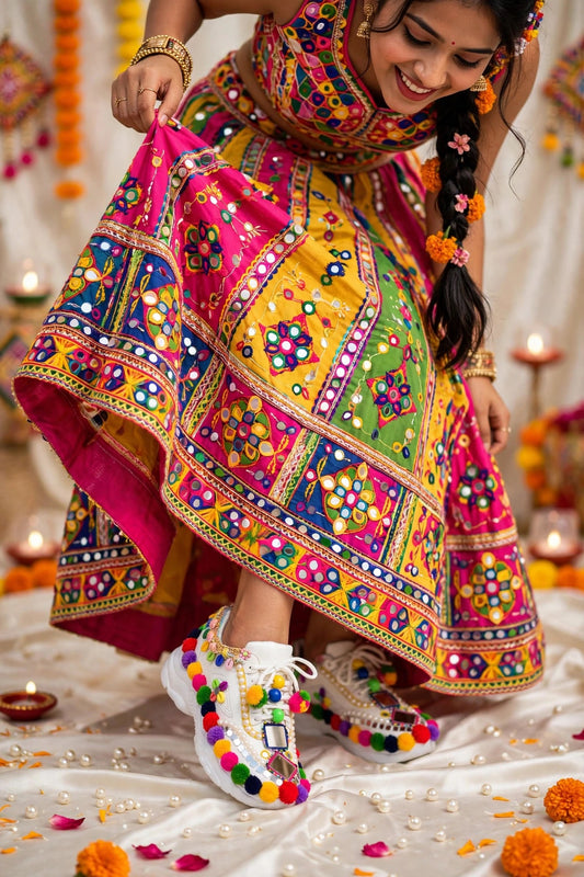 Funky N Trendy hand crafted yellow and multi colored hand work bridal sneakers/ bridesmaid sneaker / yellow sneakers/ yellow shoes for haldi ceremony/ pom pom shoes/ garba shoes / Gujarati shoes