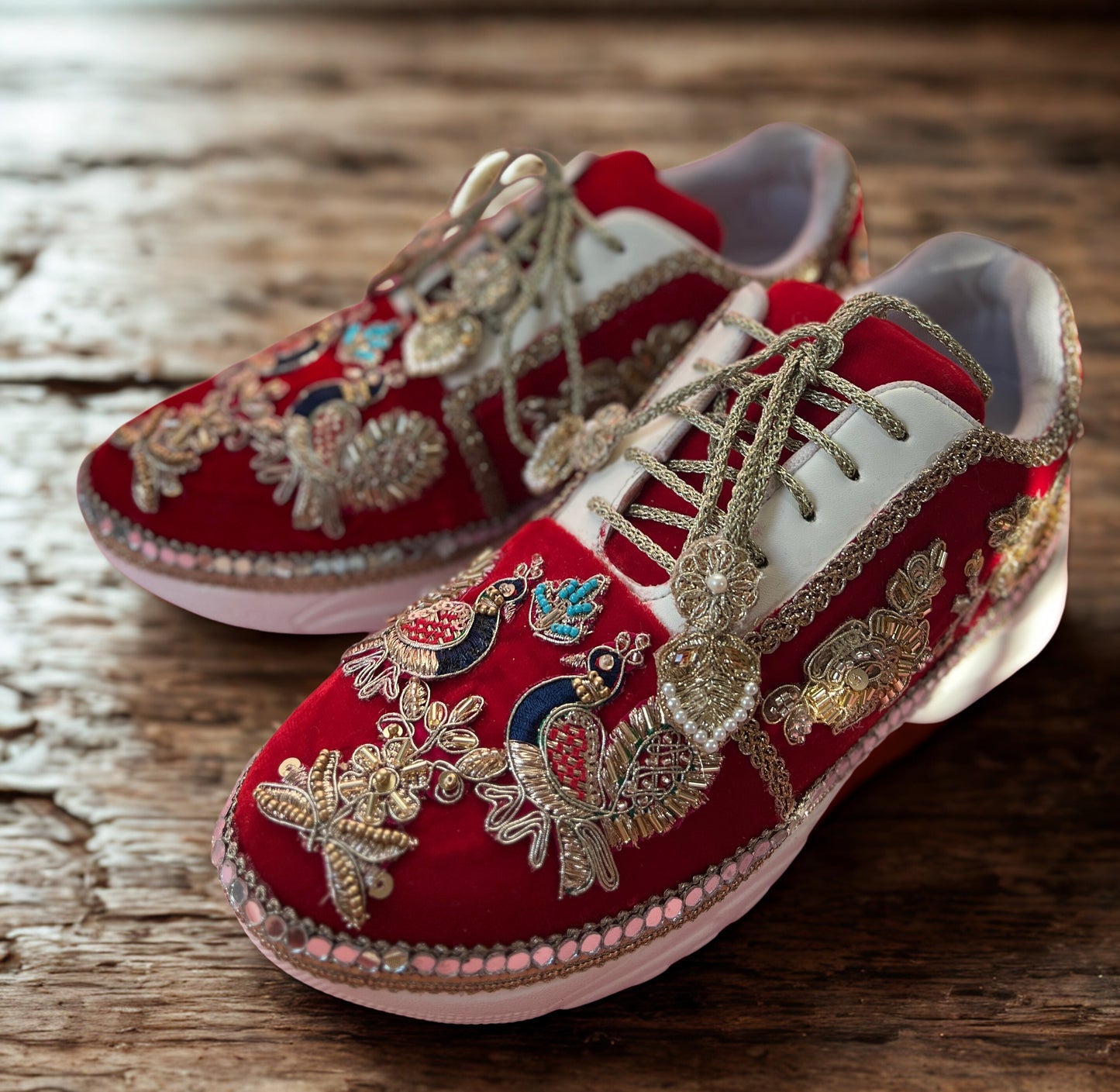 Funky N Trendy Peacock Magic Red Bridal Sneakers – Dance-Ready & Personalised