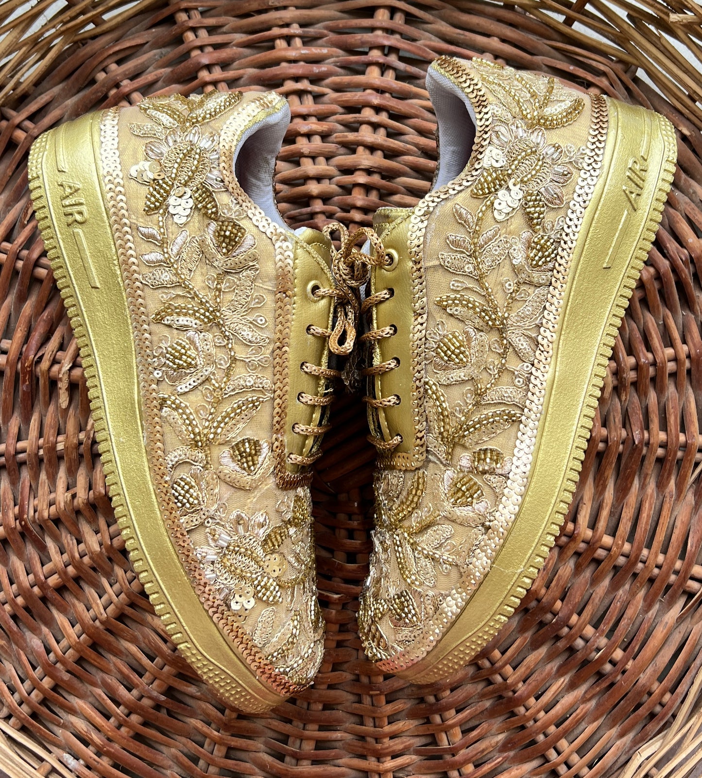 Funky N Trendy Handcrafted Golden Bridal Sneakers – Custom cutdana Embroidery for Brides & Bridesmaids