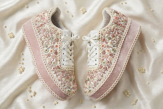 FUNKY N TRENDY Wildflower Embroidered Platform Sneakers – Blush Pink Floral Bridal Sneakers for Mehendi/Sangeet