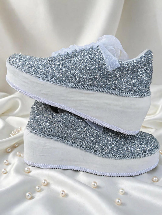 Silver Glitter Platform Bridal Sneakers – Handmade Luxury Wedding Shoes for Brides