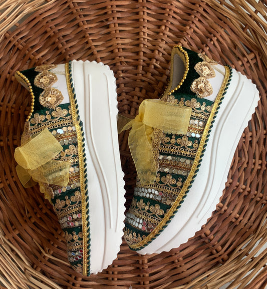 FUNKY N TRENDY green sneakers for brides /gold and green embroidered sneakers/ handcrafted sneakers/ golden sneakers / bridal sneakers / bridesmaid sneakers/ golden hand work sneakers/green sneakers
