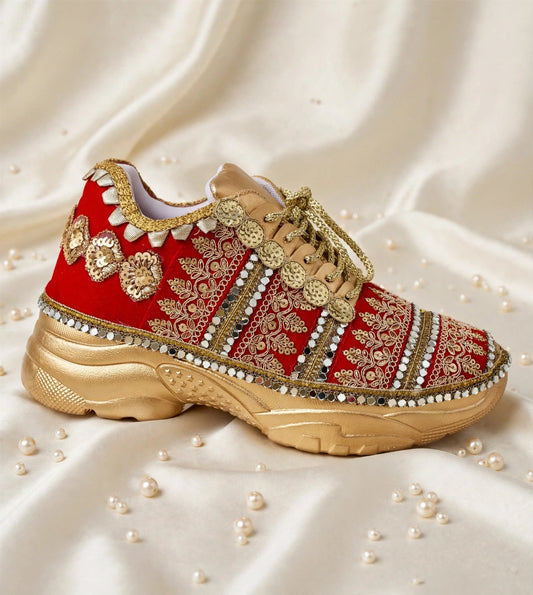 Maharani - Red Velvet Bridal Sneakers with Gold Chunky Sole