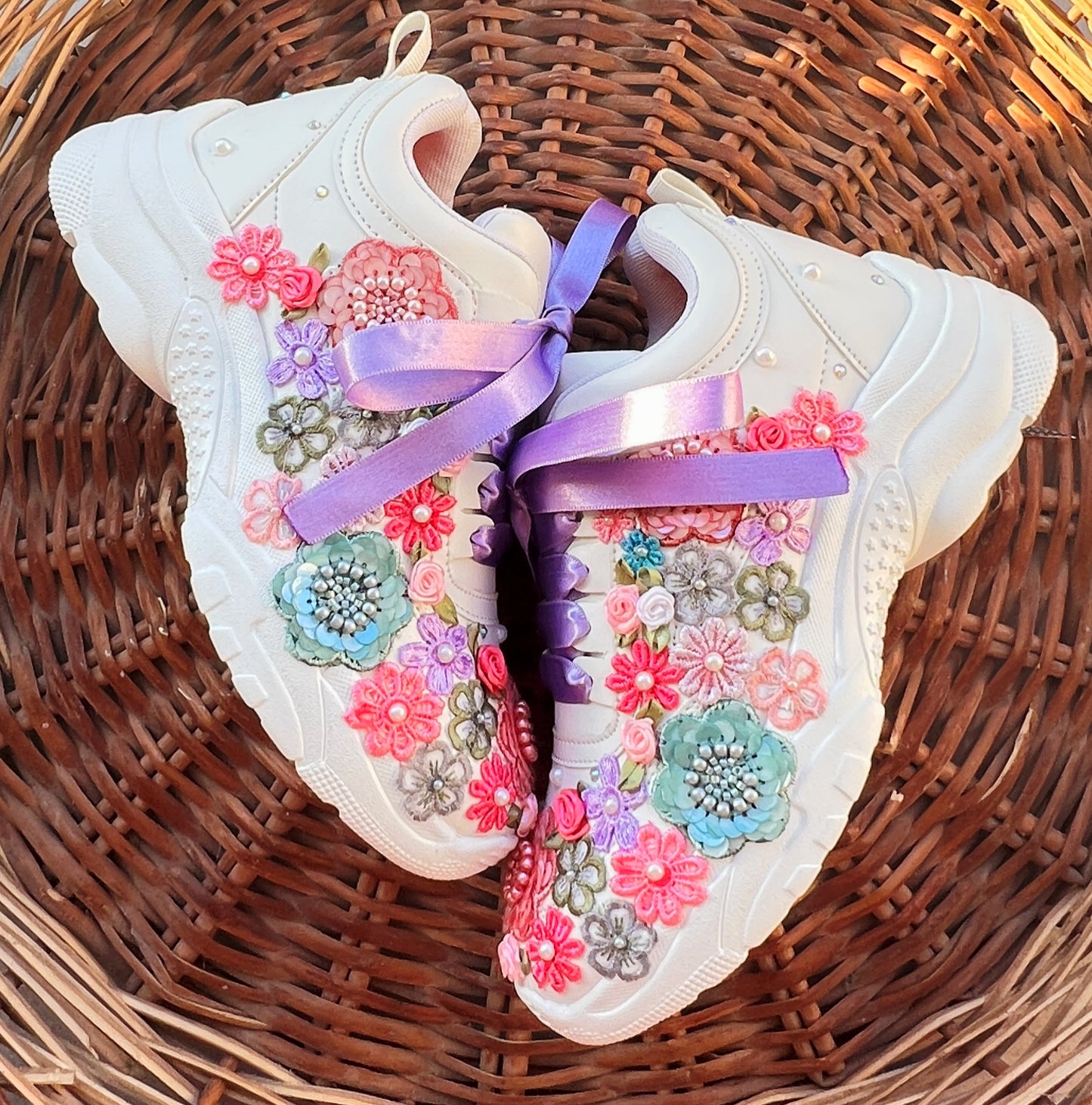 FUNKY N TRENDY hand embroidered floral work sneakers/ white sneakers /bridal shoes / bridal sneakers / floral sneakers/flower shoes /bridesmaid sneakers/ pink shoes / pink sneakers