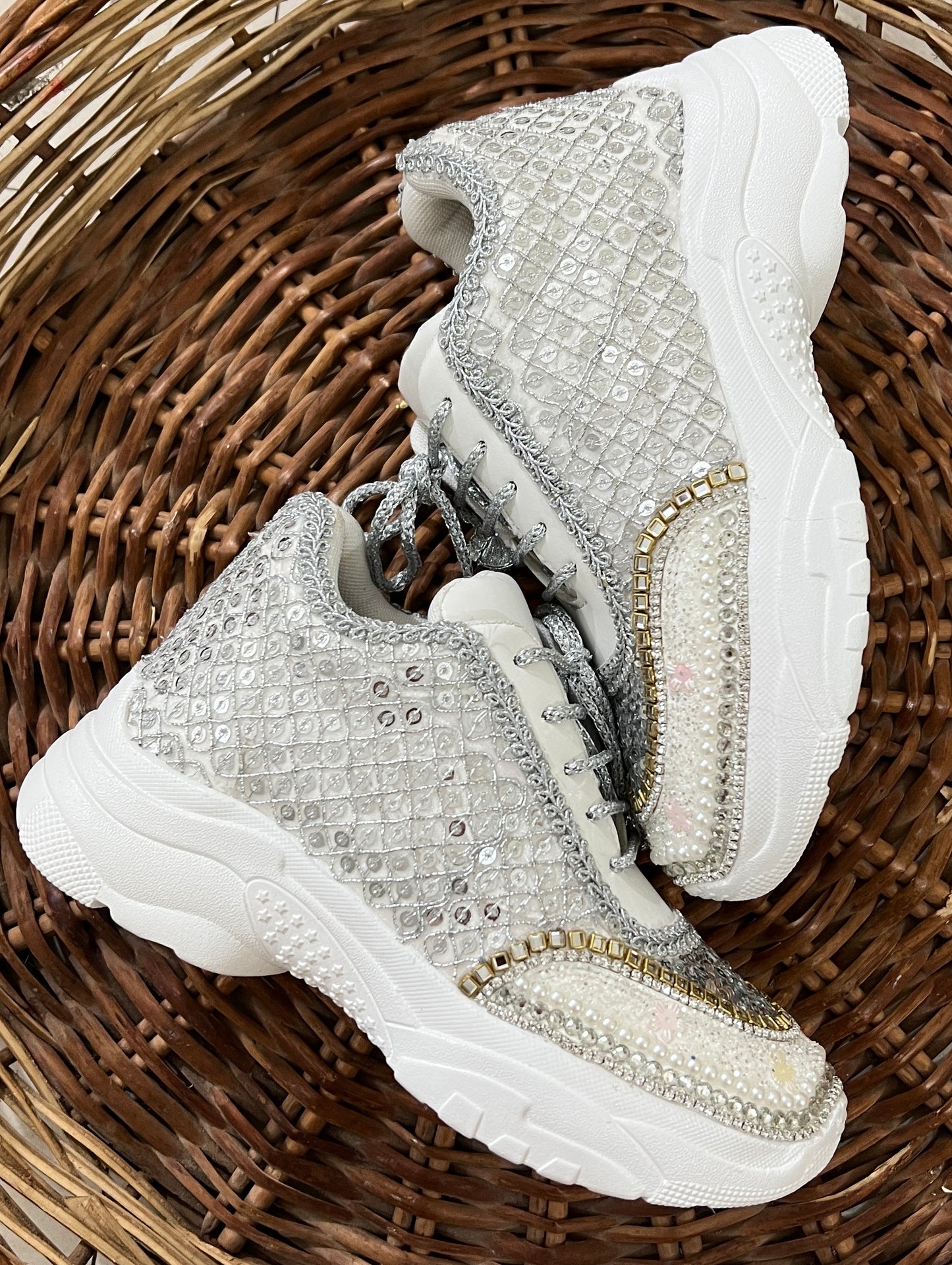 FUNKY N TRENDY hand work bridal sneakers / bridesmaid sneakers/ silver sneakers / silver shoes/mirror sneakers mirror shoes/ bride shoes/ embroidered shoes