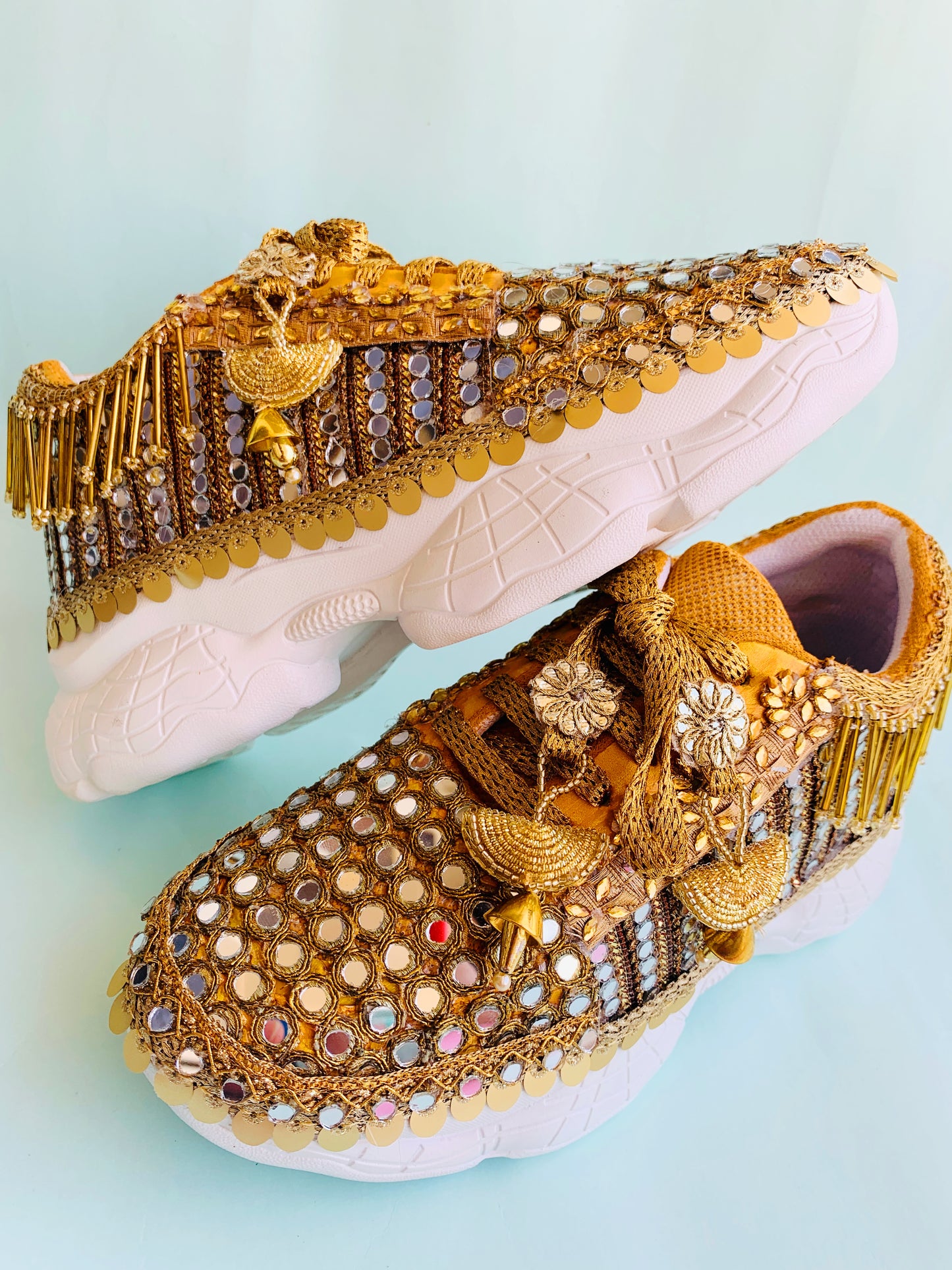 FUNKY N TRENDY gold mirror heeled sneakers for brides and bridesmaids