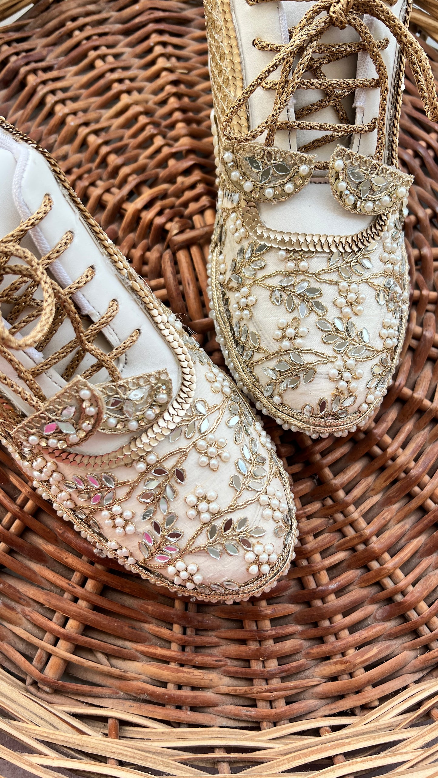 Funky N Trendy ivory / embroidery work bridal sneakers/ bridesmaid sneaker / hancrafted sneakers / gold sneakers / golden sneakers/ mirror sneakers / pearl sneakers