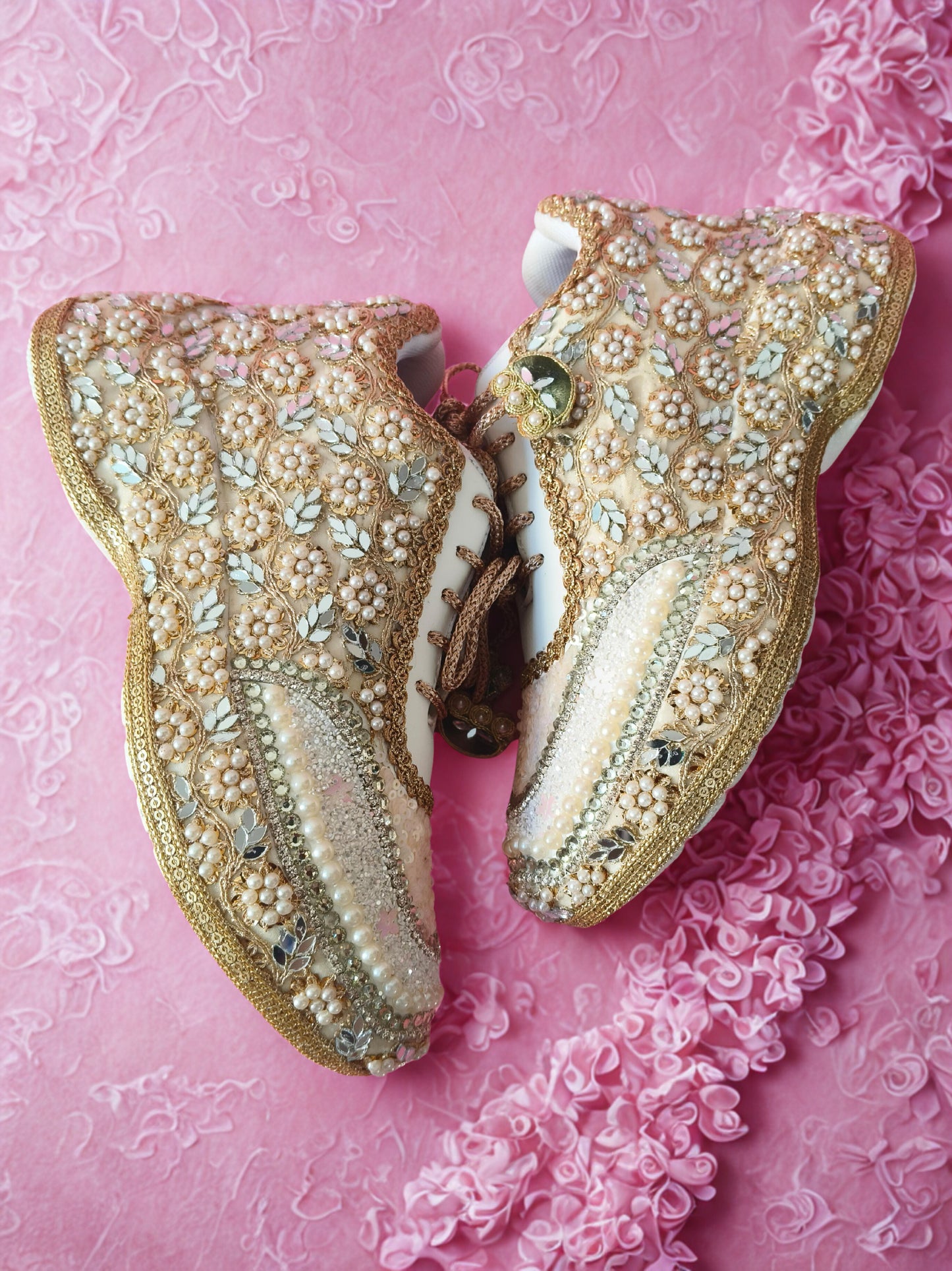 Mirror leaves Pearl blossom Dull gold/ beige Bridal Sneakers – Floral Embroidery” / gold sneakers /ivory sneakers/peach sneakers
