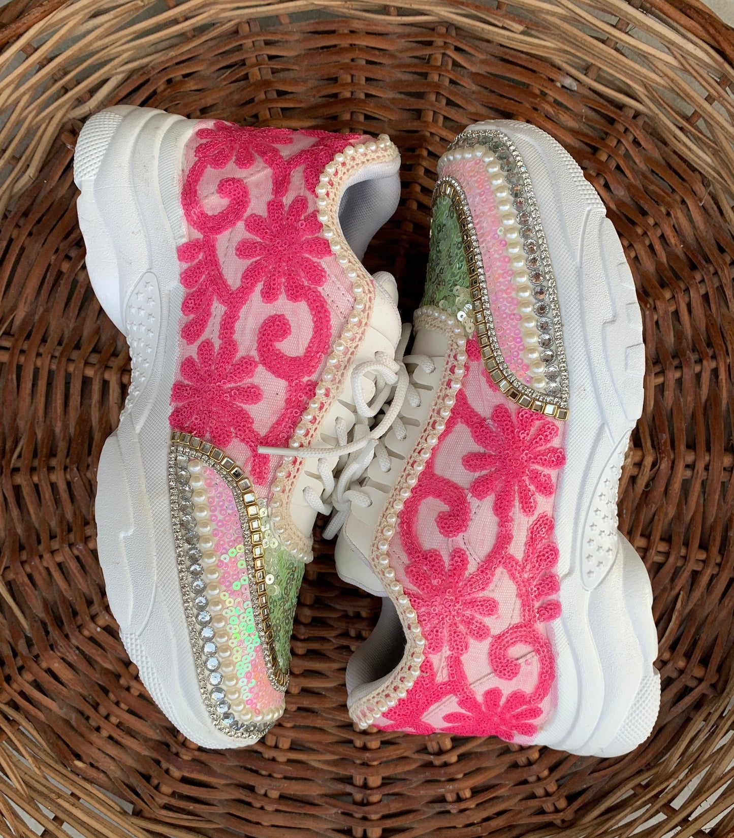 FUNKY N TRENDY hand embroidered pink and green floral work sneakers / bridal sneakers / pink sneakers / pink and green sneakers for brides or bridesmaid