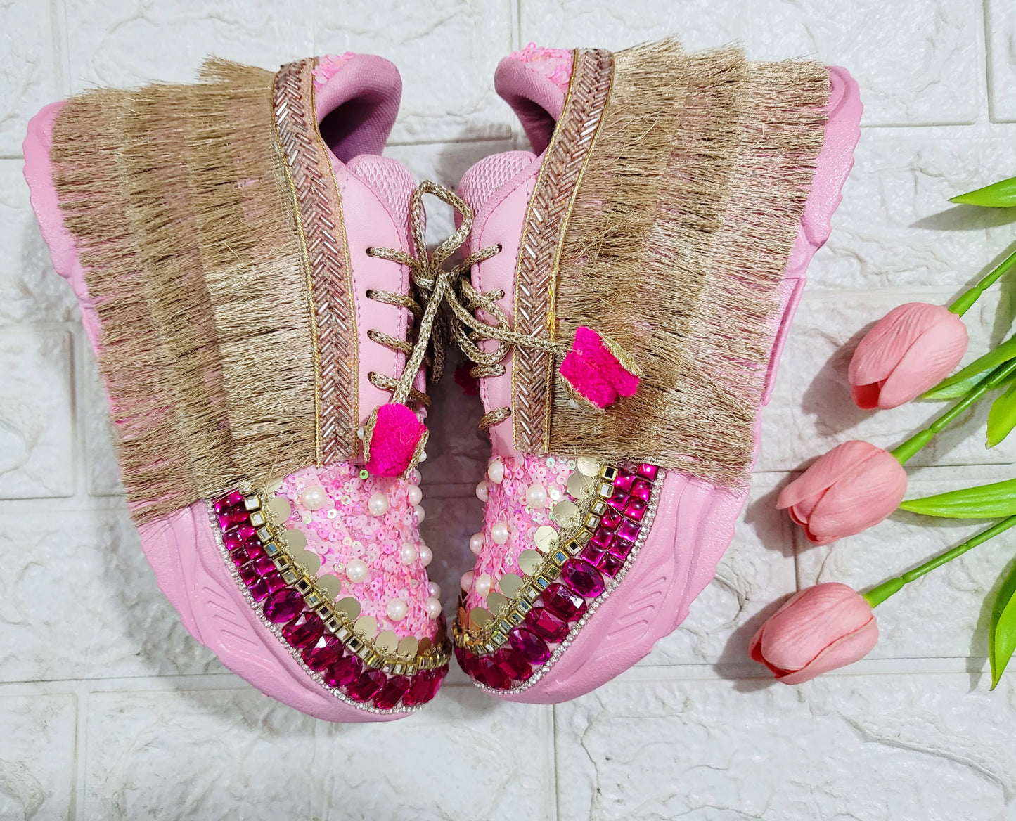 Funky N Trendy Hot pink sequine work with stone detailing bridal sneakers/ bridesmaid sneaker / golden sneakers/ hot pink sneakers / pink shoes for bride/ rani pink sneakers