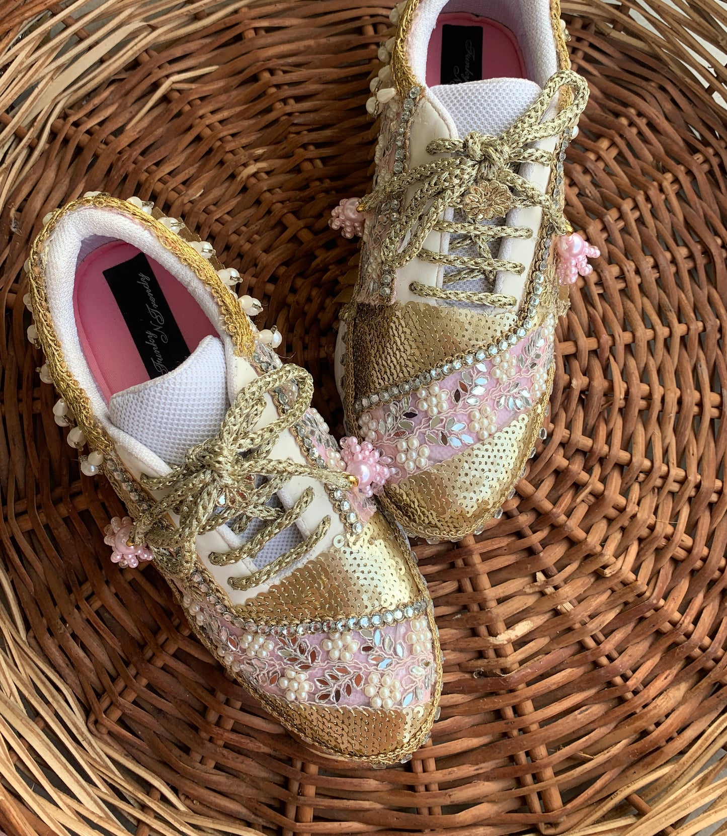 FUNKY N TRENDY pink and gold gottapatti sneakers with pearl & mirror detailing for brides /bridesmaids / sneakers for bridesmaids/ handcrafted sneakers/ sequine sneakers / bridal sneakers / bridesmaid sneakers/ pink sneakers