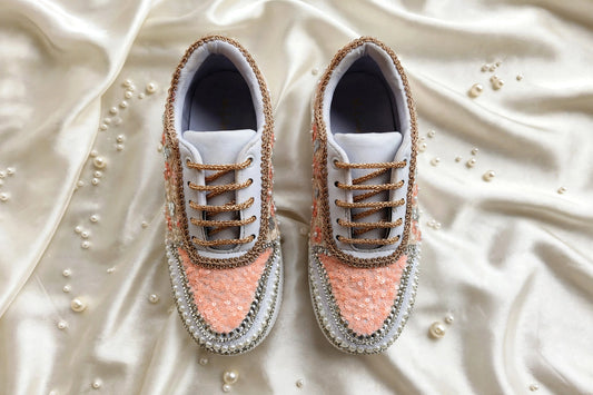 Blossom Bride Bridal Sneakers — Peach Floral Embroidered Sneakers with Pearl & Crystal Trim