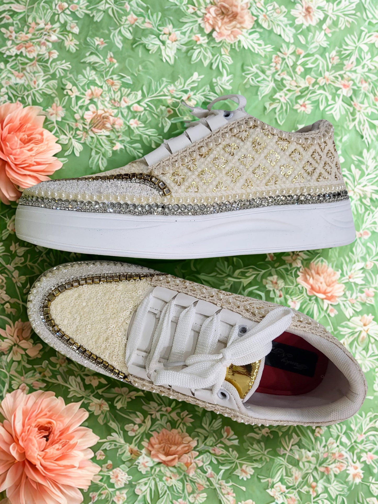 FUNKY N TRENDY ivory minimalistic sneakers with pearl detailing for brides /bridesmaids / sneakers for bridesmaids/ handcrafted sneakers/ sequine sneakers / bridal sneakers / bridesmaid sneakers/ ivory sneakers / minimal shoes