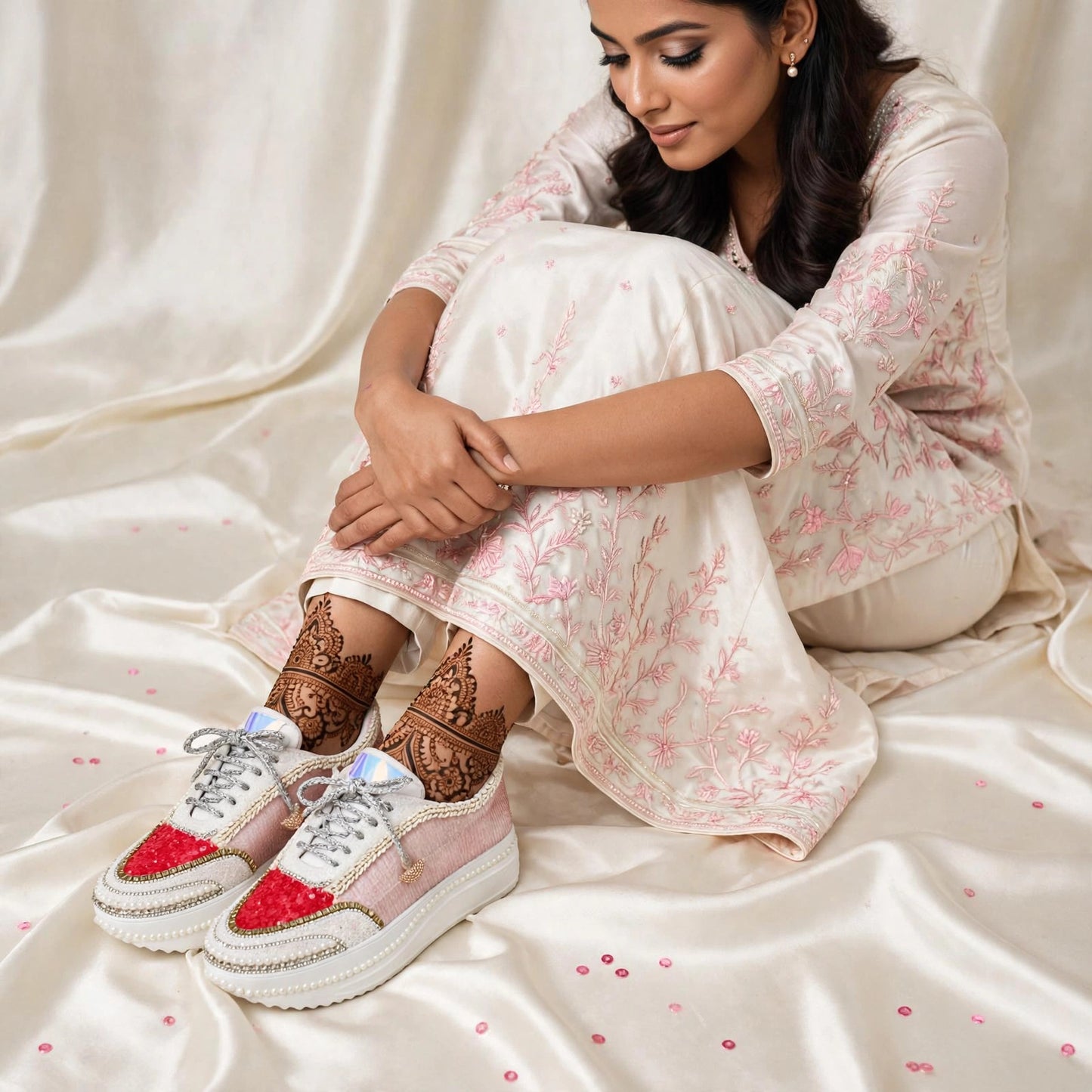 FUNKY N TRENDY red and pink theme hand work sneakers for brides / bridesmaids/ pink sneakers / ree sneakers / red and pink shoes / pink and red sneakers