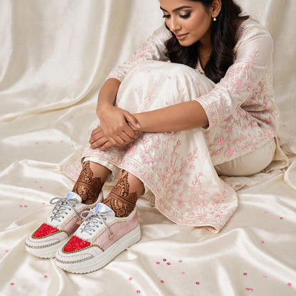 FUNKY N TRENDY red and pink theme hand work sneakers for brides / bridesmaids/ pink sneakers / ree sneakers / red and pink shoes / pink and red sneakers