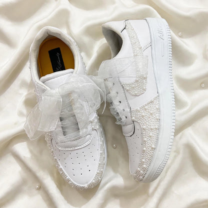 LUNA - Custom Pearl Bridal Sneakers with Wedding Date & Initials | Hand-Embellished White Wedding Sneakers