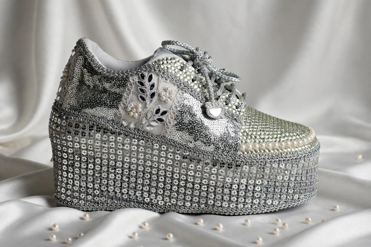 Silver Rhinestone Magic - Bridal Platform Sneakers | Silver Wedge Sneakers for Engagement or Sangeet