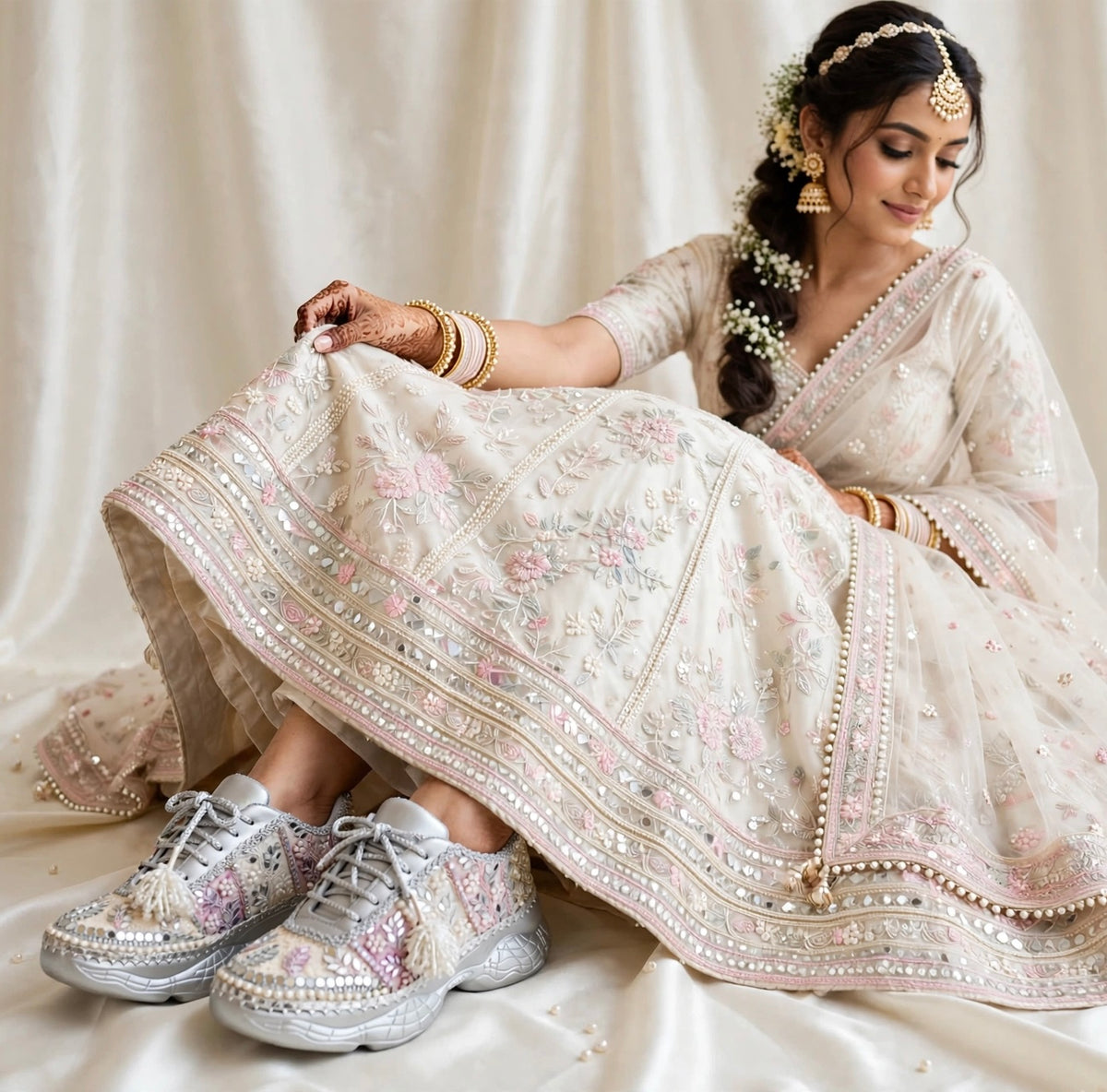 Ivory Blossom - Pearl & Mirror Work Lavender Silver Bridal Sneakers with Latkans