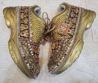 Funky N Trendy Maroon Gold Orange embroidery work bridal sneakers/ bridesmaid sneaker / golden sneakers/ Maroon sneakers / gold shoes/ orange sneakers