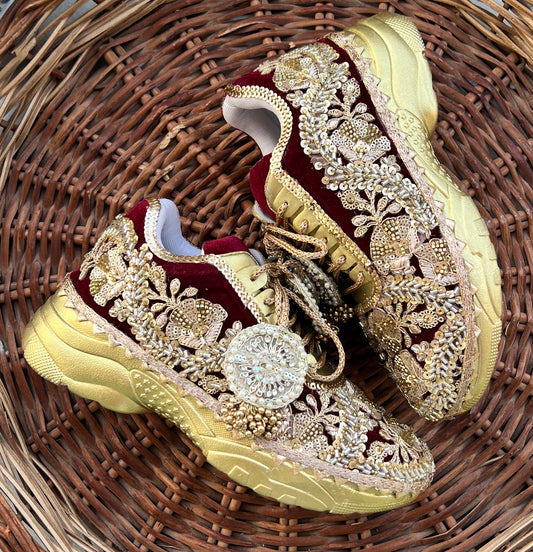 Funky N Trendy Maroon & Gold embroidery work bridal sneakers/ bridesmaid sneaker / golden sneakers/ Maroon sneakers / gold shoes/ bride shoes / handcrafted sneakers / bridal shoes