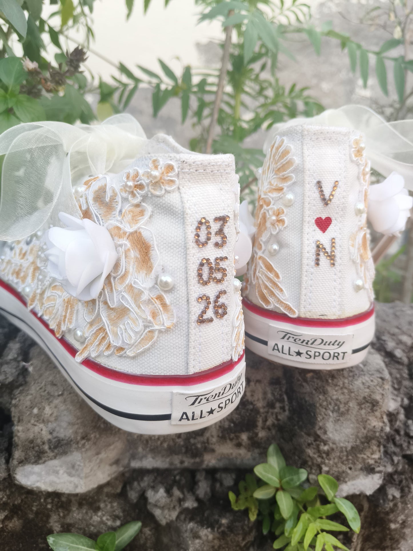 Customized Bridal Sneakers with Name initials / wedding date– Wedding Shoes for Bride/ white floral sneakers