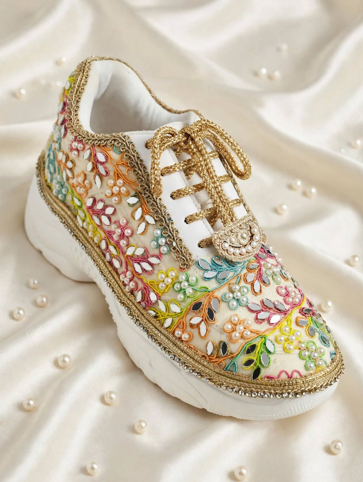 “Rainbow Bridal Sneakers with Mirror detailing– Floral Embroidery”