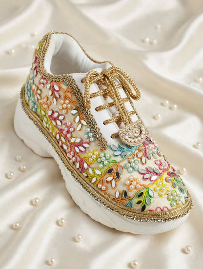 “Rainbow Bridal Sneakers with Mirror detailing– Floral Embroidery”