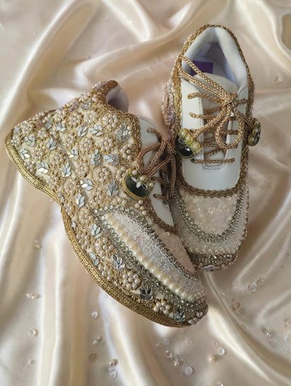 Mirror leaves Pearl blossom Dull gold/ beige Bridal Sneakers – Floral Embroidery” / gold sneakers /ivory sneakers/peach sneakers