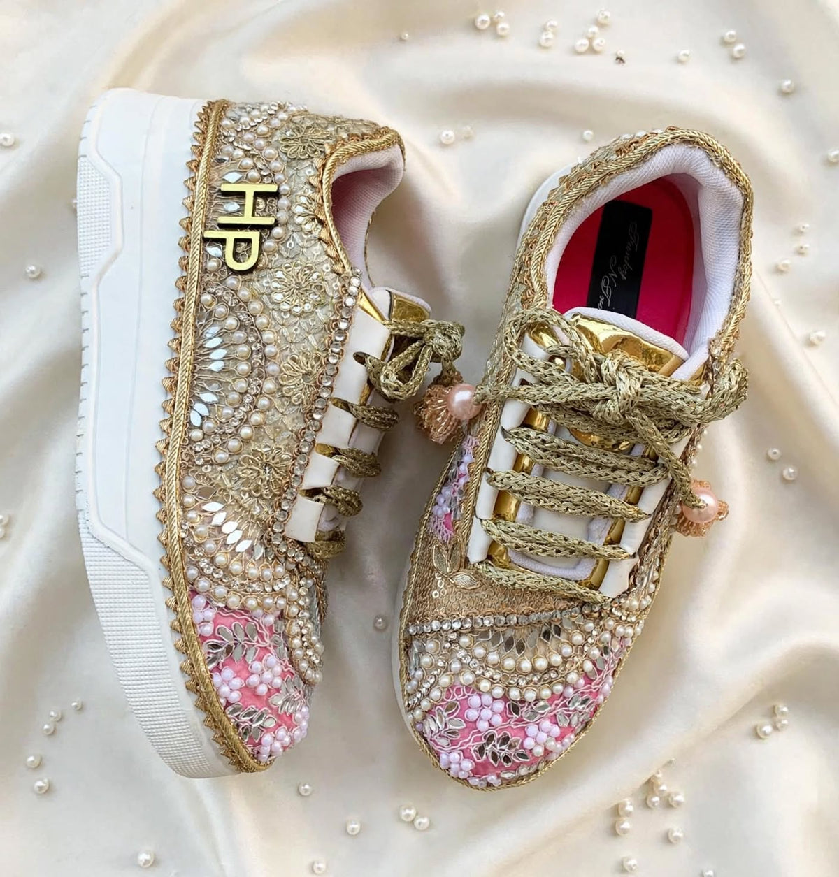 FUNKY N TRENDY baby pink and gold sneakers for brides / bridesmaids/ pink sneakers / baby pink sneakers / bridal sneakers / bridesmaid sneakers/ golden hand work sneakers/ pink shoes with custom name initials