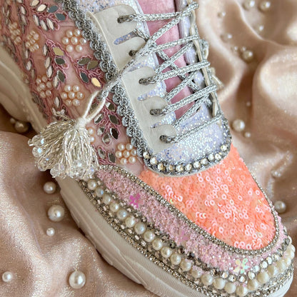 FUNKY N TRENDY peach/pink / pink embroidery sneakers with pearls detailing for brides / bridesmaid sneakers/ pink shoes / peach shoes/ bridal sneakers