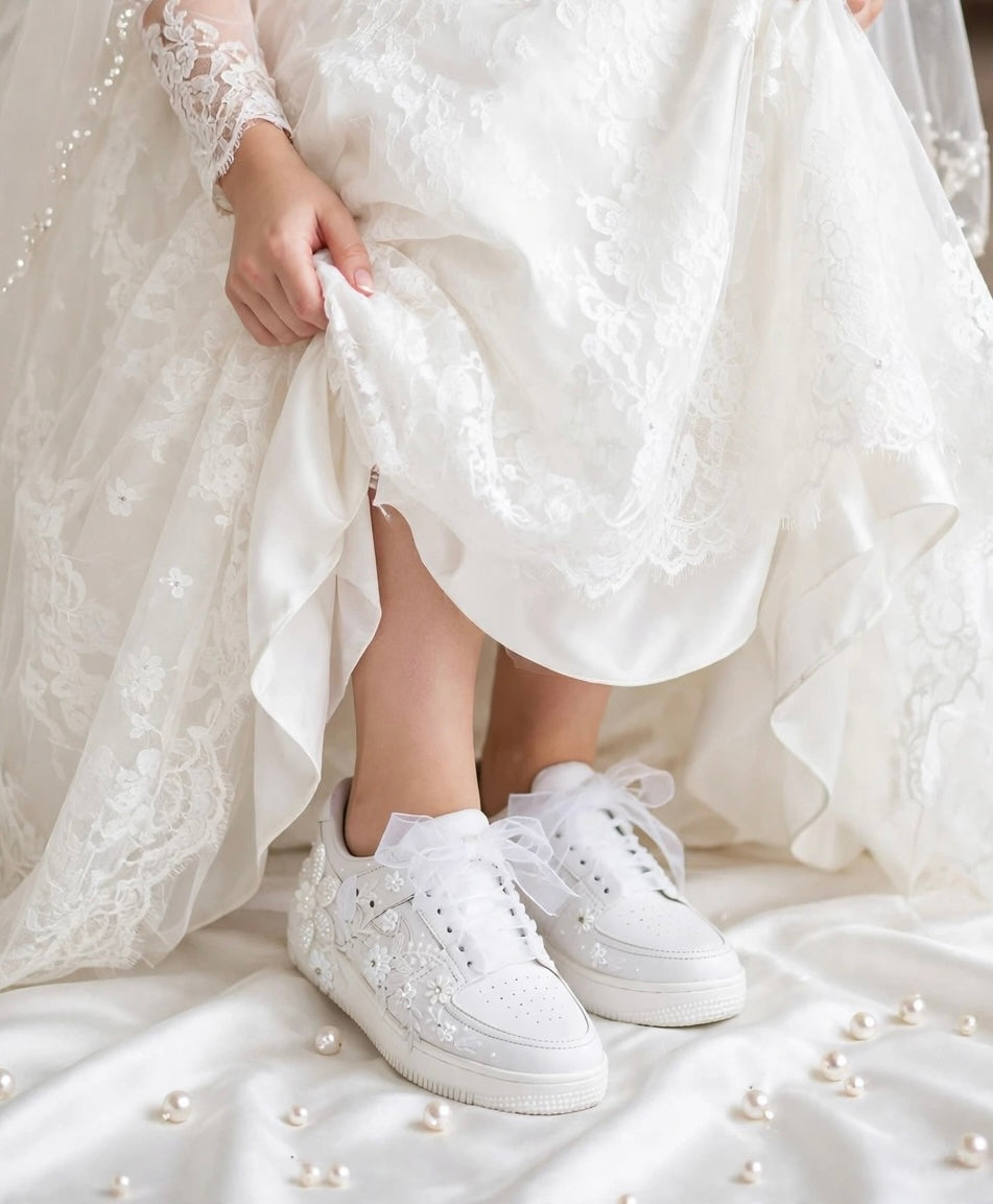 The Pearl - Hand Embroidered White Bridal Sneakers with Pearl Flowers