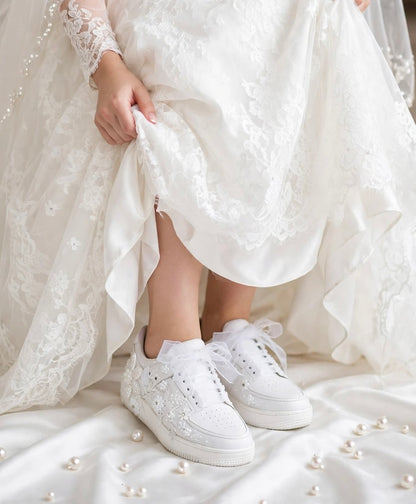 The Pearl - Hand Embroidered White Bridal Sneakers with Pearl Flowers
