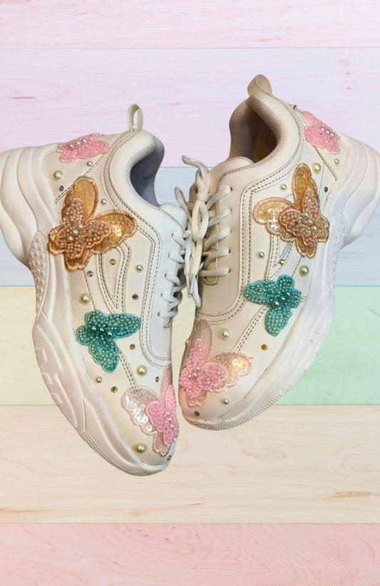 FUNKY N TRENDY colorful butterfly embroidery sneakers for brides /white silver embroidered sneakers/ handcrafted sneakers/ butterfly sneakers / bridal sneakers / bridesmaid sneakers/ white sneakers/ pink sneaker