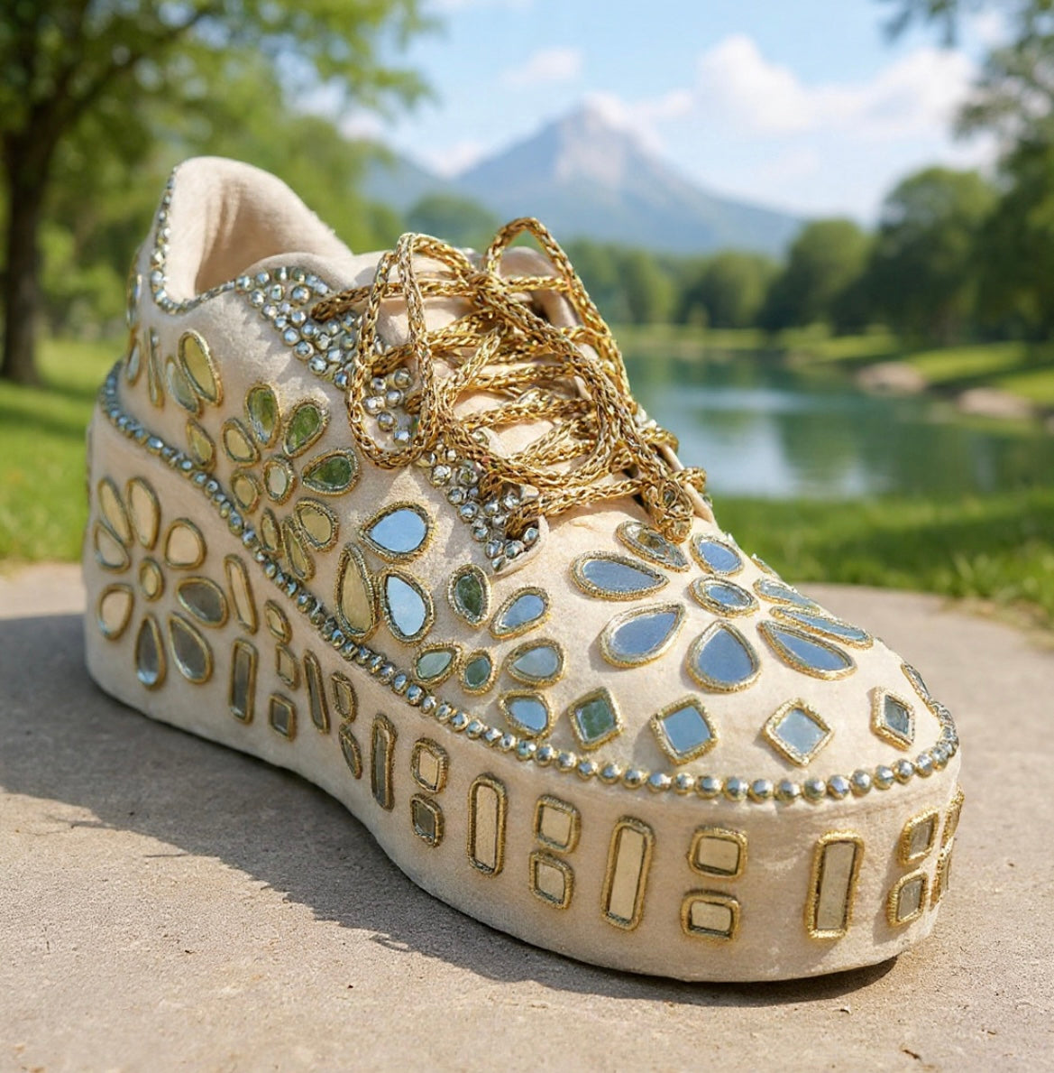 FUNKY N TRENDY Hand embroidered Mirror sneakers - wedge sneakers heeled sneakers/ gold sneakers/ ivory beige sneakers