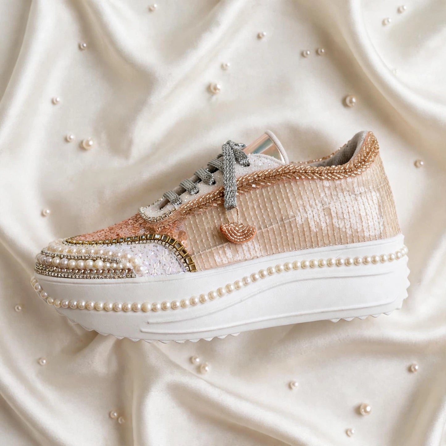 Peach Paradise – Rose Gold Sequin Pearl Sneakers | Bridal Sneakers India