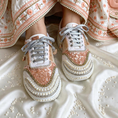 Peach Paradise – Rose Gold Sequin Pearl Sneakers | Bridal Sneakers India