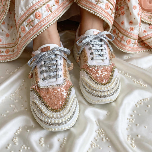 Peach Paradise – Rose Gold Sequin Pearl Sneakers | Bridal Sneakers India