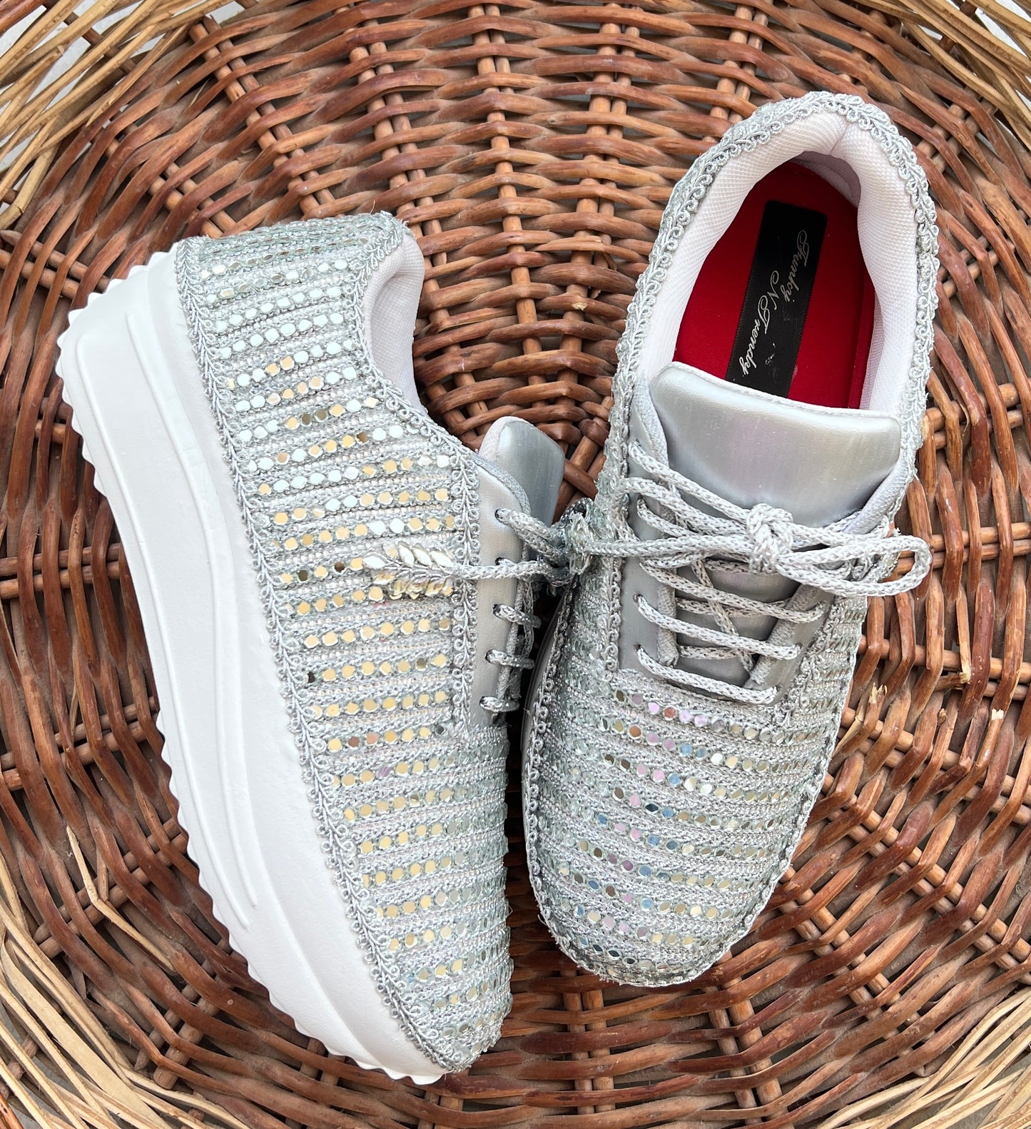 FUNKY N TRENDY Full mirror work silver sneakers for brides / bridesmaids/ silver sneakers / mirror sneakers / silver shoes