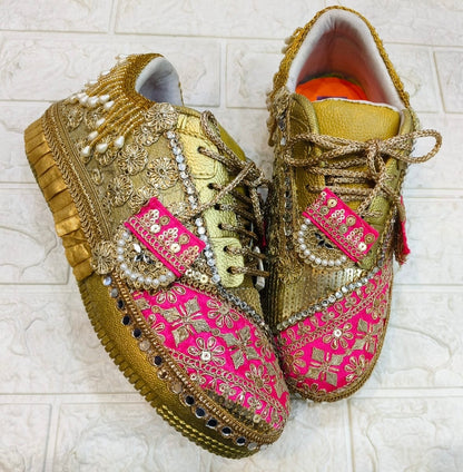 FUNKY N TRENDY hot pink sneakers with rhinestone detailing for brides /bridesmaids / sneakers for bridesmaids/ handcrafted sneakers/ sequine sneakers / bridal sneakers / bridesmaid sneakers/ pink sneakers / gold shoes/ rani pink sneakers