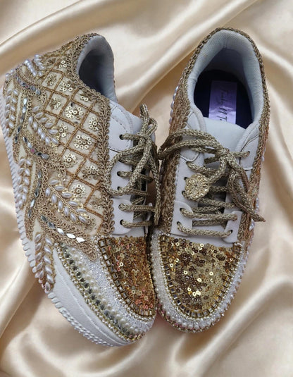 Golden Sequin Bridal Sneakers – Handcrafted Wedding Shoes for Brides | Funky N Trendy