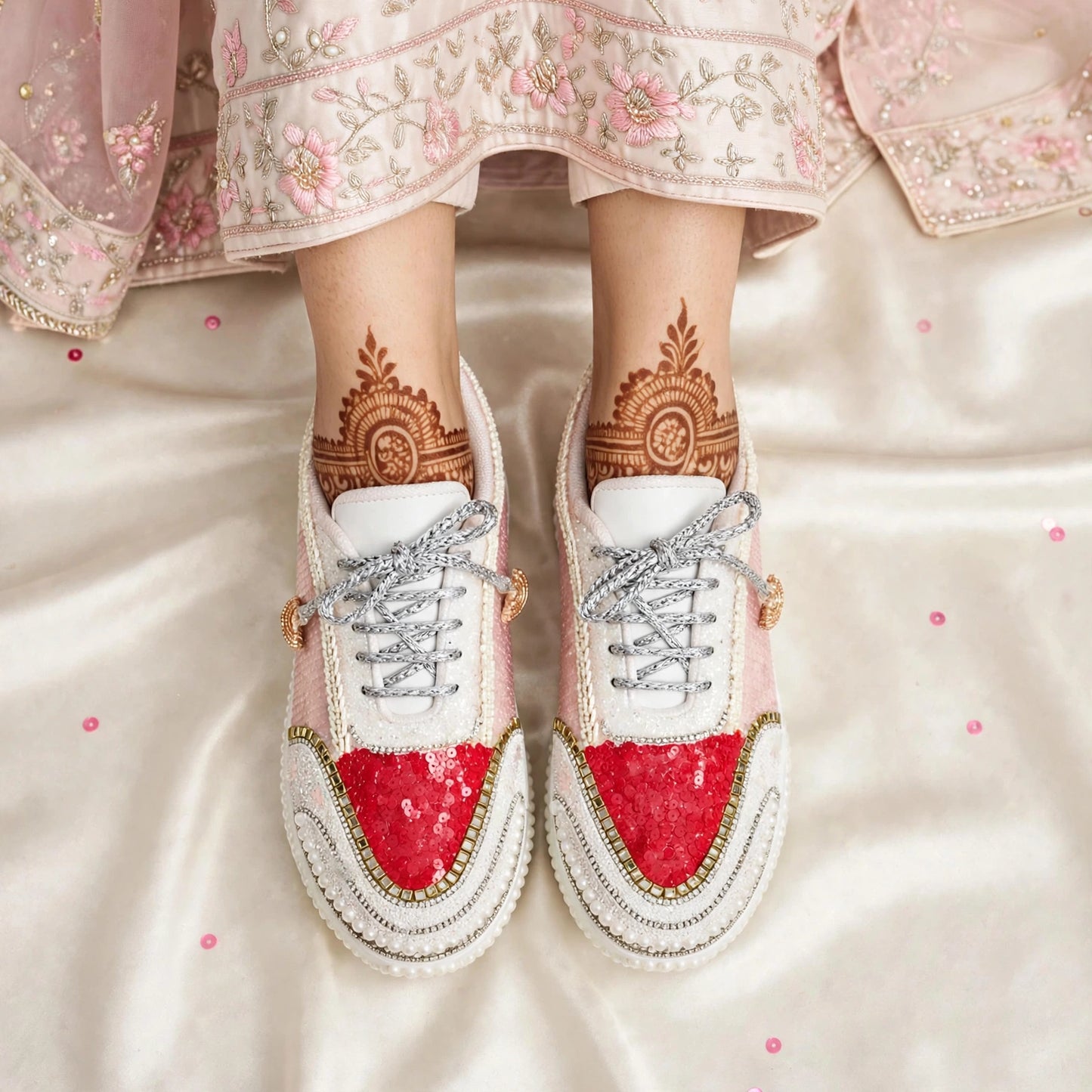 FUNKY N TRENDY red and pink theme hand work sneakers for brides / bridesmaids/ pink sneakers / ree sneakers / red and pink shoes / pink and red sneakers