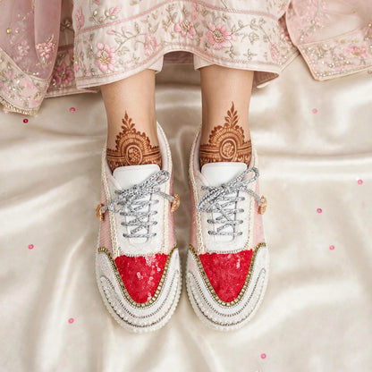 FUNKY N TRENDY red and pink theme hand work sneakers for brides / bridesmaids/ pink sneakers / ree sneakers / red and pink shoes / pink and red sneakers
